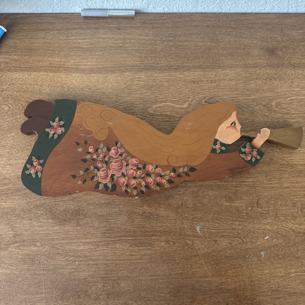 Flying Girl Trumpet Hand Crafted Painted on Wood Wall Hanging, 21 1/4" Long